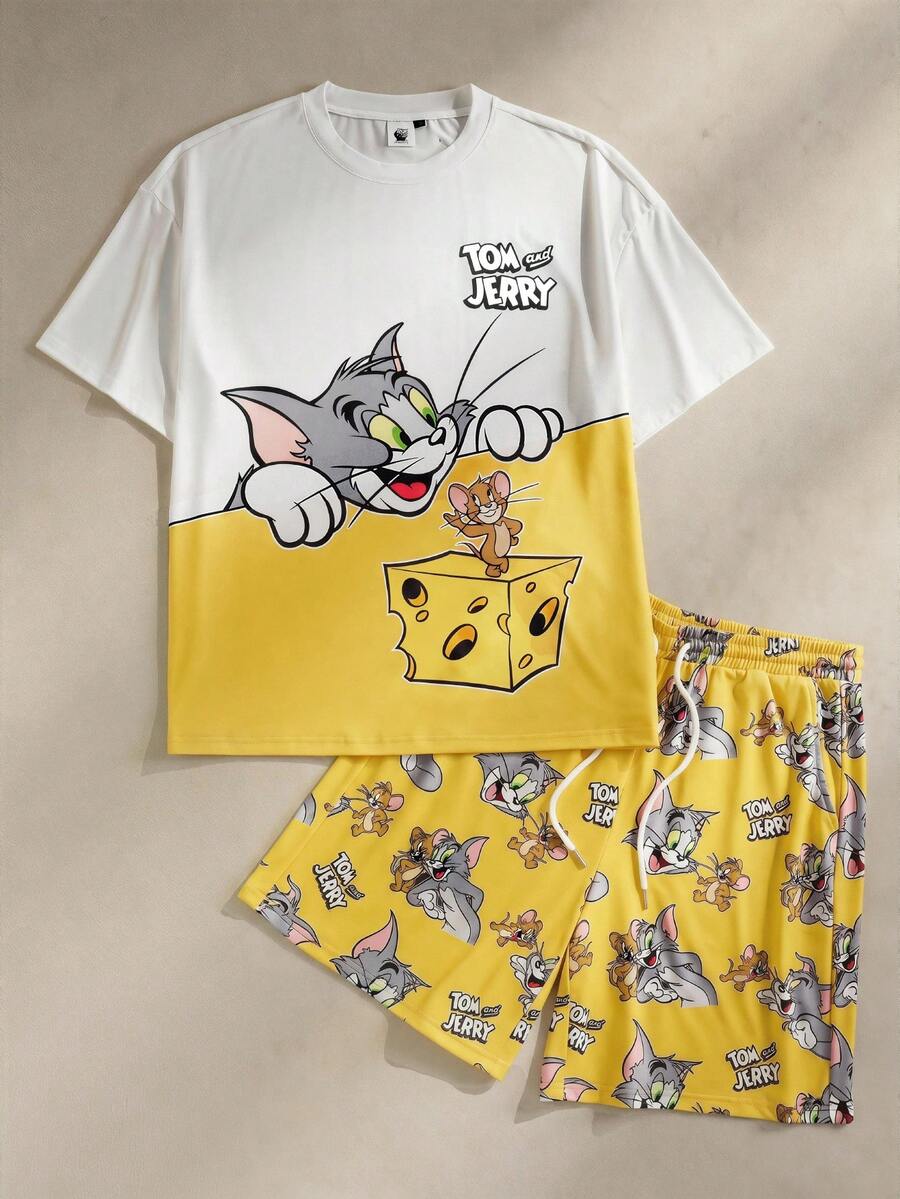 TOM & JERRY X SHEIN 男士卡通印花短袖上衣與短褲家居服套裝 - 黃色 - 查看 1