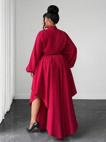 Maweii Set Pakaian Wanita Ukuran Besar Atasan Kerah Tegak Warna Polos dan Celana Panjang Modis untuk Musim Gugur - Burgundy - View 6