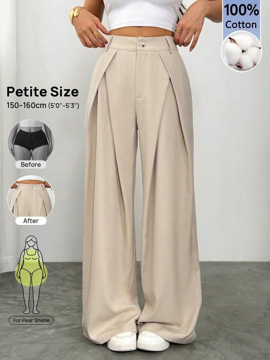 SHEIN PETITE 女款素色百褶寬腿寬鬆休閒長褲 教師節辦公商務米色夏季 - 卡其色 - 查看 1