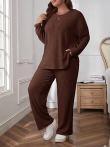 SHEIN Essnce Plus Size Solid Color Round Neck Drop Shoulder Long Sleeve Ribbed Loose 2 Pieces Set Fall - Rust Brown - View 1