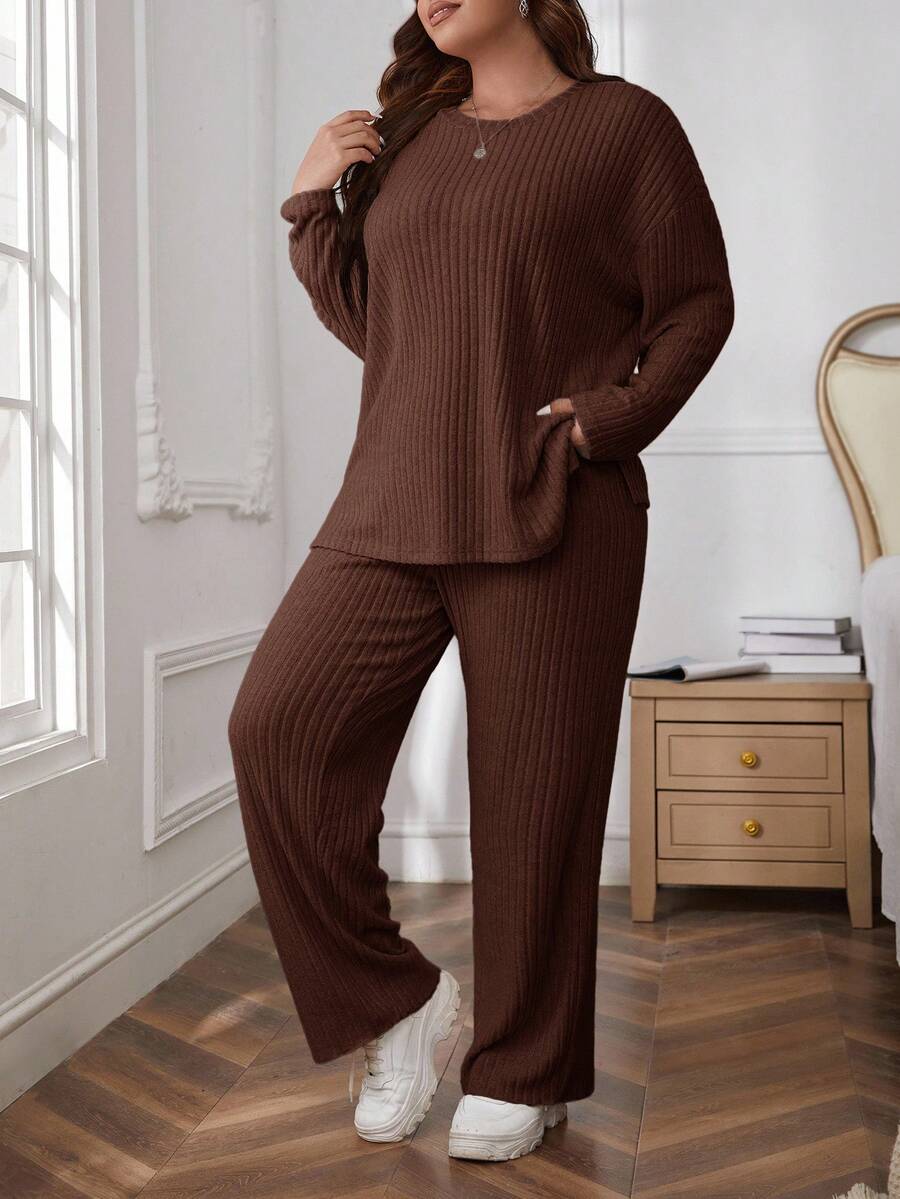 SHEIN Essnce Plus Size Solid Color Round Neck Drop Shoulder Long Sleeve Ribbed Loose 2 Pieces Set Fall - Rust Brown - View 1