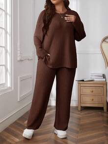 SHEIN Essnce Plus Size Solid Color Round Neck Drop Shoulder Long Sleeve Ribbed Loose 2 Pieces Set Fall - Rust Brown - View 3