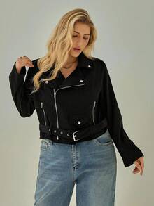 SHEIN Essnce Plus Size Faux Suede Moto Jacket, Warm For Autumn & Winter Fall Fall/Winter - Black - View 9