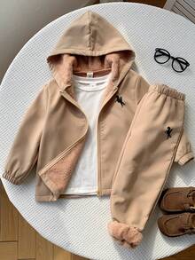 SHEIN 2件組兒童小男孩秋冬可愛休閒百搭保暖內裡連帽外套與長褲套裝，男孩套裝 - 彩色 - 查看 2