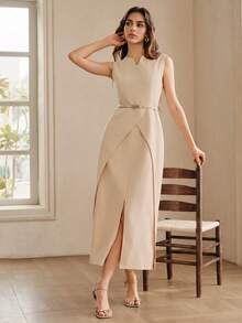 Anewsta Summer New Women's Elegant Simple Sleeveless Dress, Suitable For Daily Wear, Commuting, Gatherings, Dates, Wedding Guest - Apricot - View 1