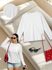 SHEIN EZwear 大码休闲纯色长袖 T 恤，春季和秋季 - 白色 - 查看 6