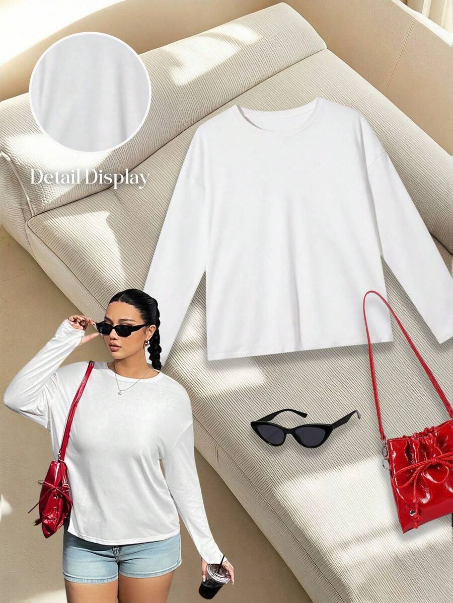 SHEIN EZwear Plus Size Casual Solid Color Long Sleeve T-Shirt, Spring & Fall - White - View 1