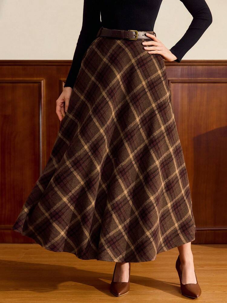 Vintamour Elegant Women's Brown Plaid Skirt Pockets Casual A-Line Long Flared Winter Office Christmas Back To School Autumn Clothing Country Work - Brown - View 5