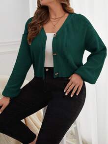 SHEIN Essnce Cardigan de manga larga con botones de color liso casual para tallas grandes en otoño/invierno - Verde Oscuro - Ver 4