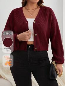 SHEIN Essnce Cardigan Pendek Kasual Ukuran Besar Warna Polos untuk Wanita, Pakaian Musim Gugur dan Musim Dingin - Burgundy - View 6