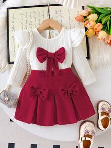 SHEIN Playful Pals 2 件套女婴白色纹理针织长袖上衣和红色灯芯绒裙子套装，适合幼儿的可爱甜美服装 - 紅色 - 查看 3