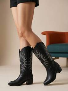 Bota de mujer estilo vaquero bordado punta almendra tacón grueso urbana para concierto y diario botín de caña media - Negro - Ver 2