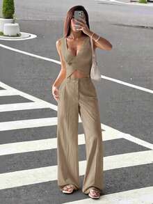 SHEIN EZwear 女款街頭風辣妹交叉鈕扣背心與口袋長褲套裝 - 駝色 - 查看 1