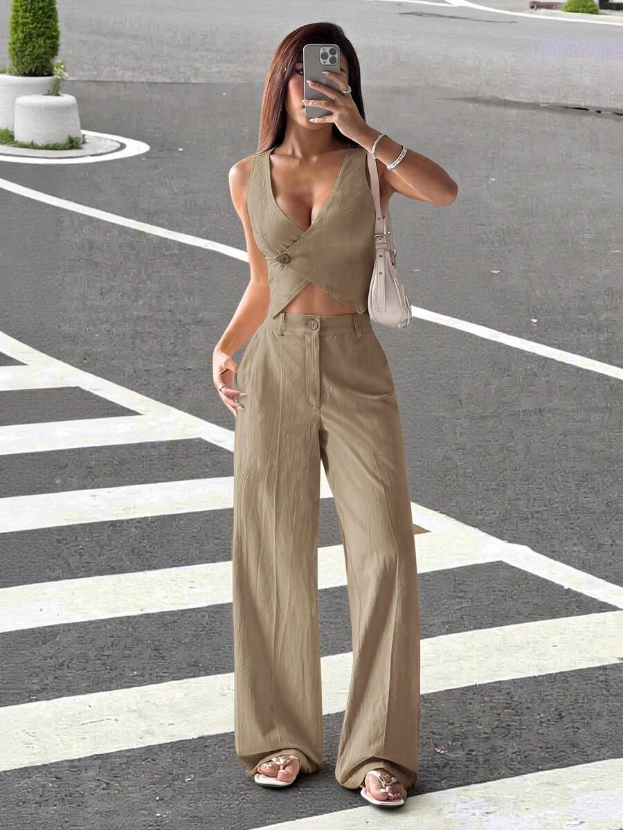 SHEIN EZwear 女款街頭風辣妹交叉鈕扣背心與口袋長褲套裝 - 駝色 - 查看 1