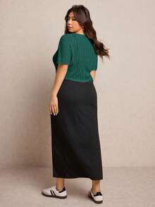 Elaquor Plus Size Solid Color Side Slit Cami Dress And Round Neck Cropped Top 2-Piece Set - Dark Green - View 2
