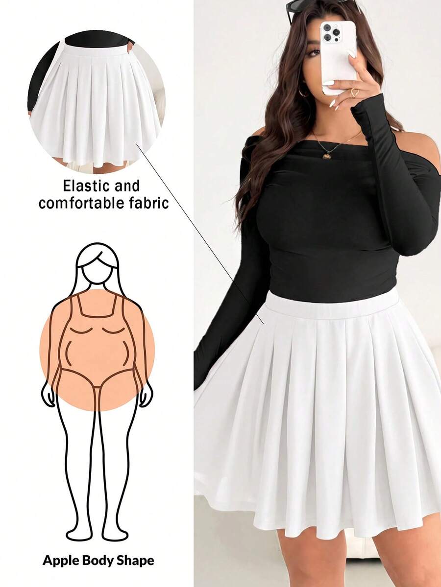 SHEIN Essnce Plus Size Women Solid Color Pleated Casual Versatile Daily Wear Skirt