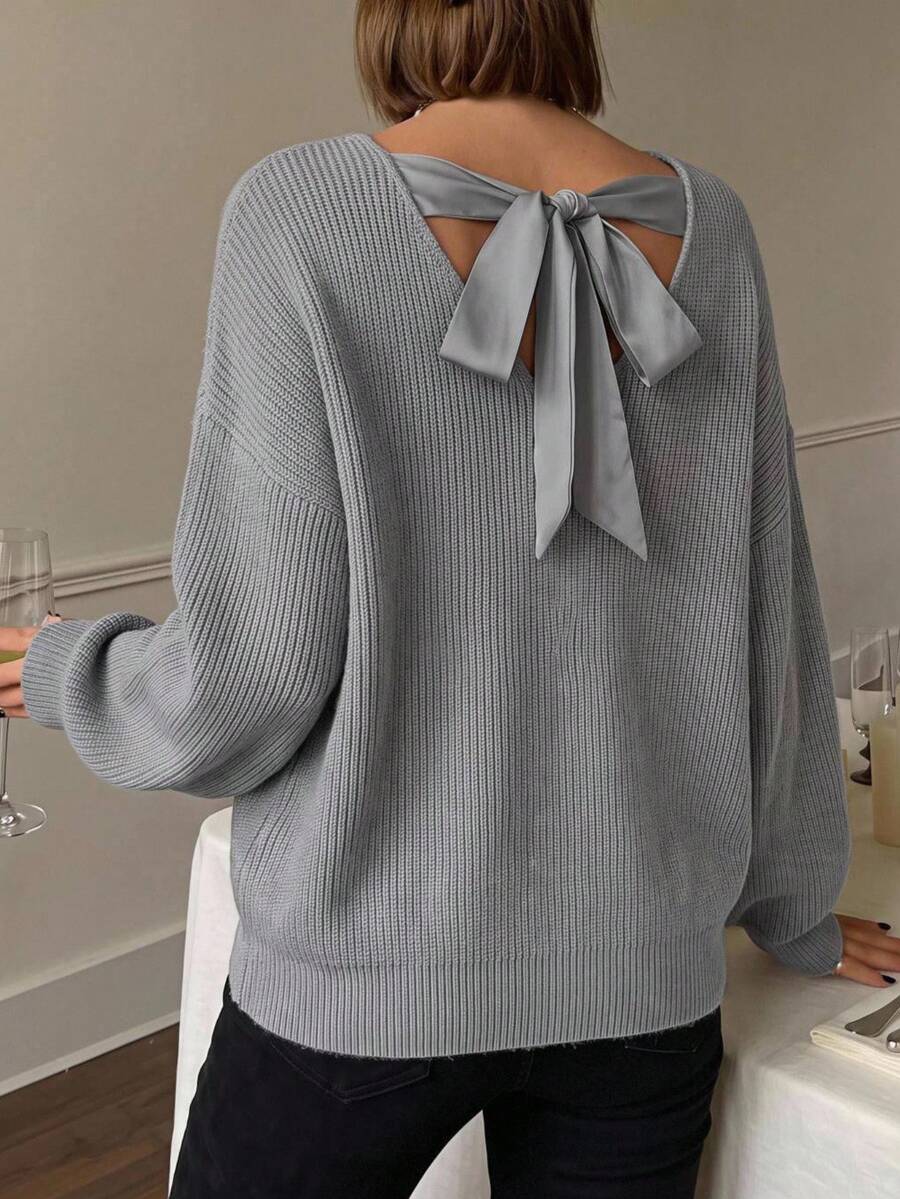 SHEIN LUNE 复古法国街头服饰棕色蝴蝶结装饰圆领长袖毛衣，女式，秋冬，长袖上衣