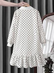 SHEIN Tween女孩對比白POLO領黑白波點Logo印花長袖寬鬆A字洋裝 優雅學院風 - 黑與白 - 查看 6