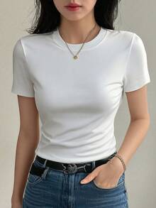 DAZY Kaos Bodycon Wanita Warna Polos Bahan Katun Murni - Putih - View 2