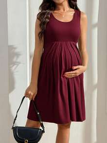 GentleRue Maternity Maternity Solid Color Round Neck Casual Sleeveless Dress - Burgundy - View 5