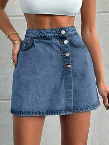 EURMUSE Falda corta 100% algodón con detalles de botones lavado claro - Neblina azul - Ver 8