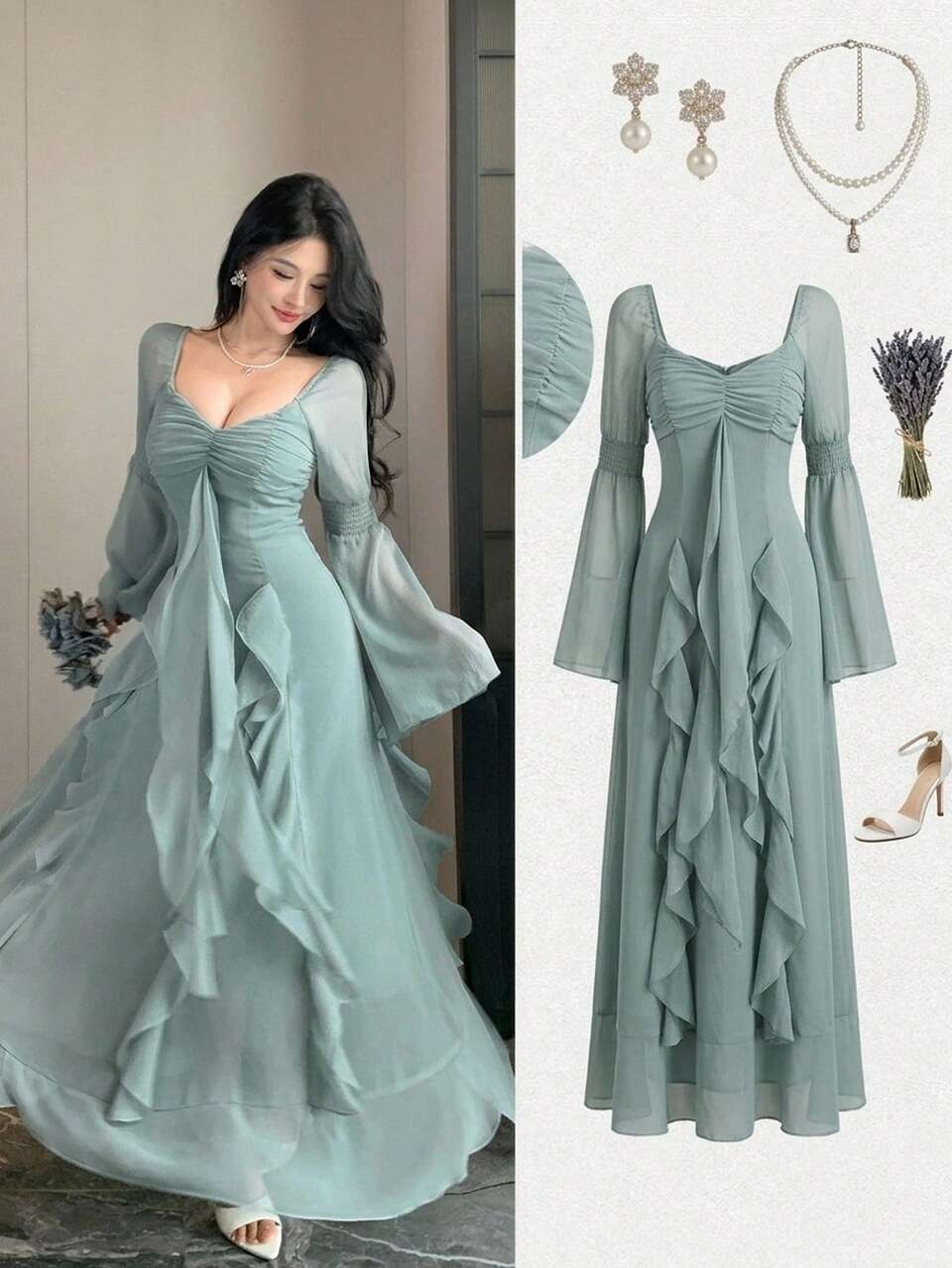 Women's Elegant Long Sleeve Flared Cuff Cinched Waist Chiffon Mint Green Ruffle Hem Mid-Length Dress, Autumn