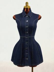 Mistrie Women's Outdoor Fashion Commute Button-Up Pleated All-Season Deep Blue Raw Denim Dress - Dark Wash - View 1