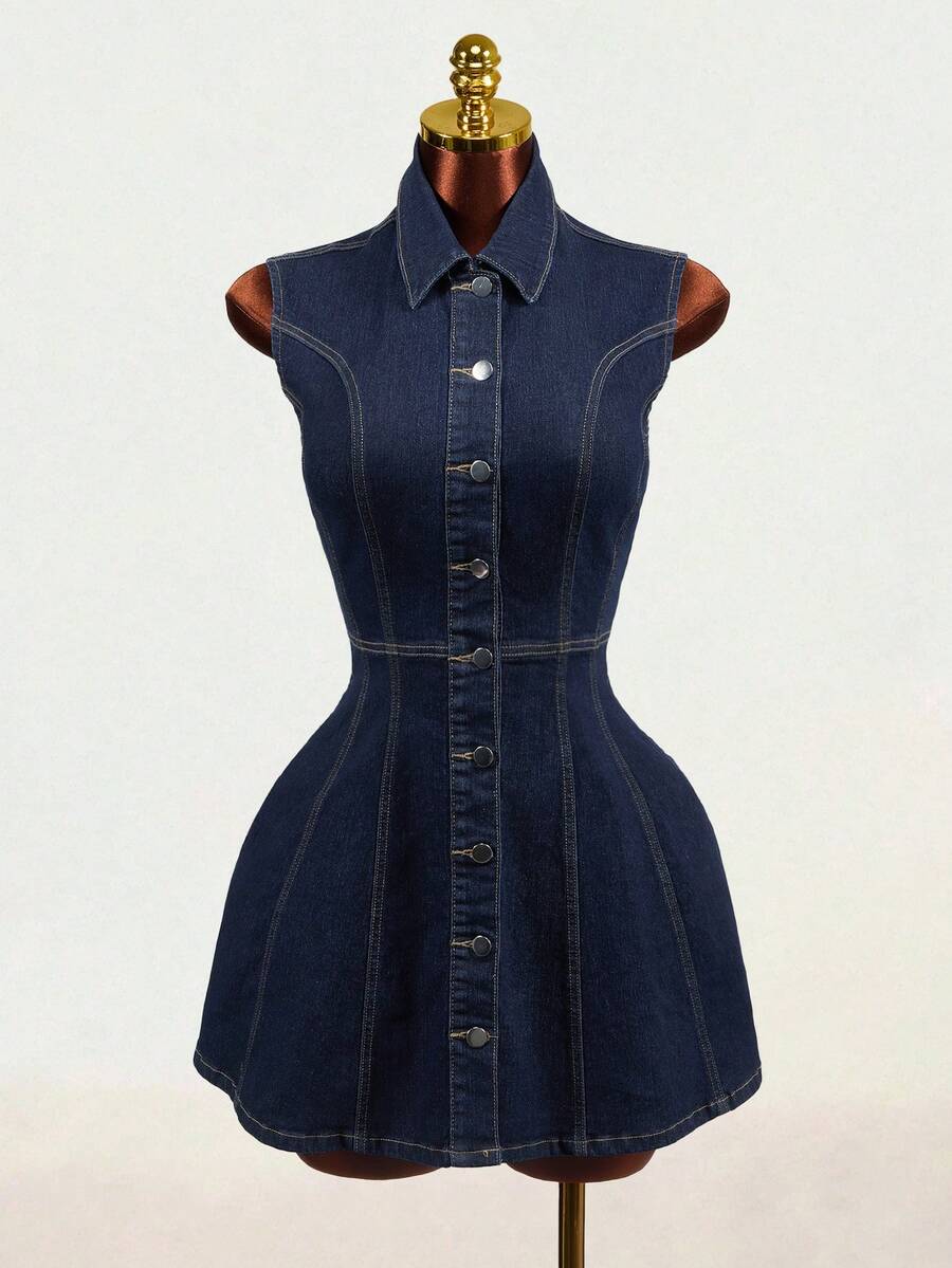 Mistrie Women's Outdoor Fashion Commute Button-Up Pleated All-Season Deep Blue Raw Denim Dress - Dark Wash - View 1