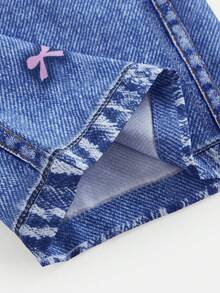 SHEIN 女童嬰兒可愛粉色3D蝴蝶結T恤與牛仔印花褲2件套，適合正式、休閒、日常穿著、外出、街頭風，適用任何場合，姐妹搭配，親子套裝，可愛女孩風 - 粉色 - 查看 5