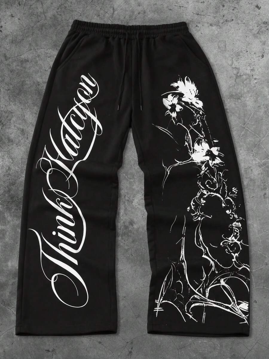 ROMWE MEN Pantalones de chándal holgados con cordón en la cintura y estampado de letras para hombre - Negro - Ver 1
