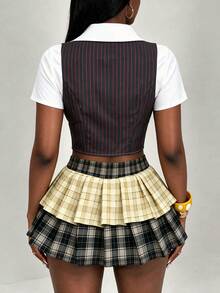 BamGleam Women's Preppy Style 2 In 1 Shirt, Contrast Color Plaid Patchwork, Waist-Cinching Cropped Slim Fit Short Sleeve Top - Burgundy - View 3