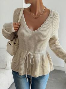 DAZY Sweater Pullover Elegan Wanita Lengan Panjang Leher V dengan Pinggang Terikat untuk Musim Gugur - Aprikot - View 2