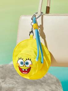 SpongeBob SquarePants | SHEIN 圓形卡通臉款硬幣包，聚酯纖維帽子造型收納袋附掛繩夾，便攜式硬幣耳機收納包，適合女孩日常購物旅行使用 - 黃色 - 查看 2