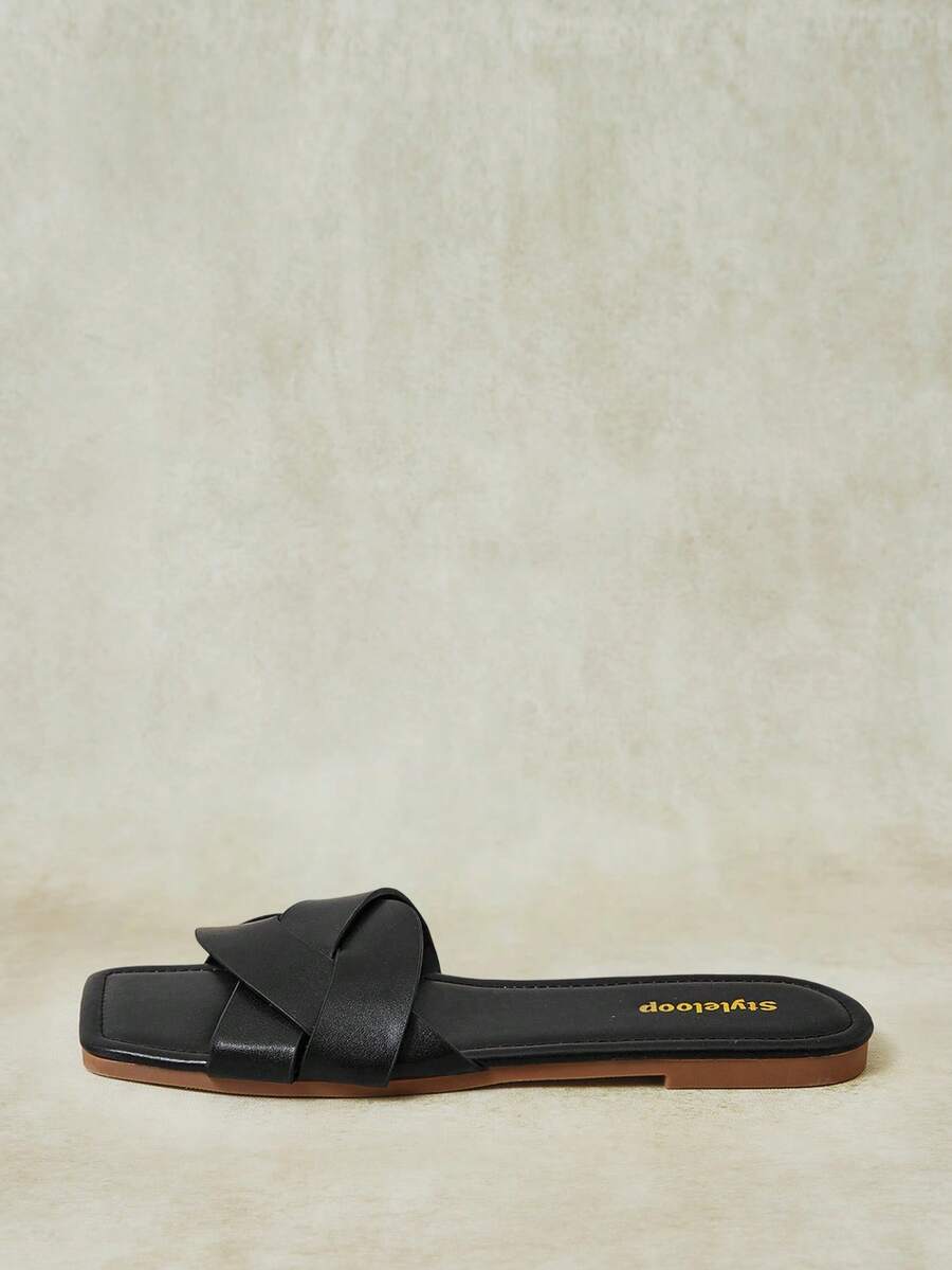 Styleloop Sandal Retro Sol Datar, Ujung Persegi, Terbuka, Sederhana, Modis dan Lembut, Sandal Komuter Liburan Serbaguna untuk Wanita - Hitam - View 1
