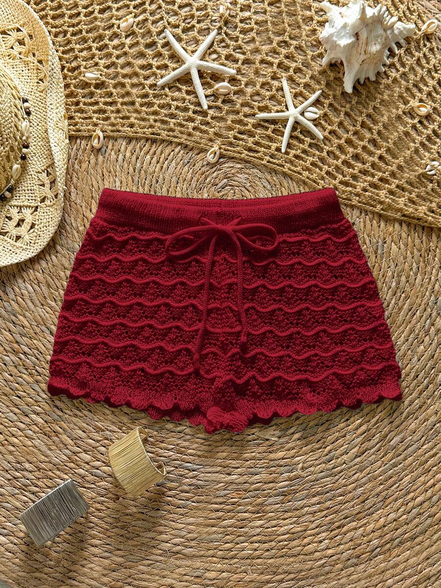 Soleia Drawstring Hollow Knit Fitted Cover-Up Top And Shorts - Burgundy - View 1