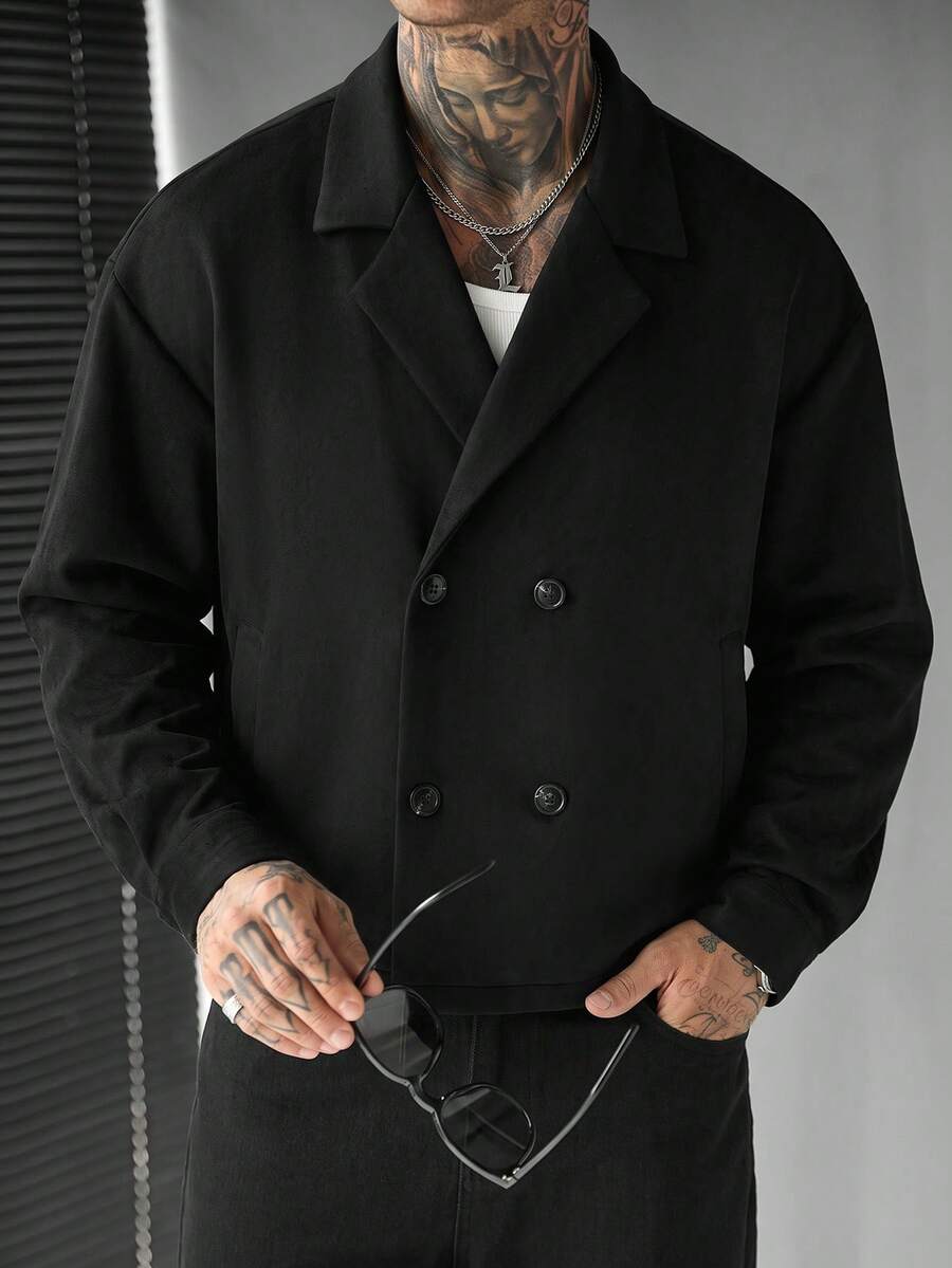 SLATEMANN 男士舒適純色雪花絨毛長袖夾克,雙口袋極簡大翻領雙排扣,適合正式或非正式場合,休閒度假、晚餐聚會、簡約辦公、休閒居家穿著,百搭風格,適合自穿或送禮給朋友,熱銷舒適夾克 - 黑色 - 查看 1