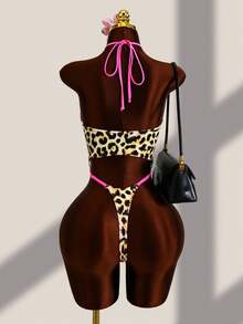 Swim SXY Sexy Leopard Print Cutout Spaghetti Strap One-Piece Swimsuit Beach Club Party Pink Leopard Print Summer - Multicolor - View 2