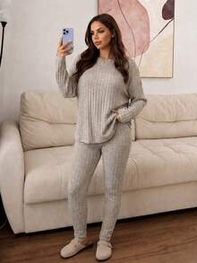 Lounesse 女士秋季服装返校运动套装简约简约紧身纹理打底裤和长袖上衣套装女士加大两件套 - 杏色 - 查看 8