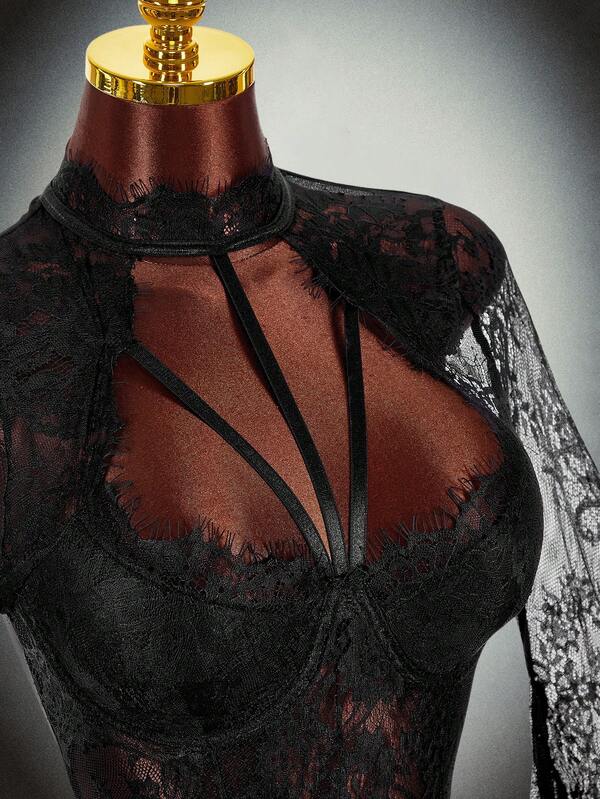 Amplova Women's Lace Patchwork Bodysuit With Flare Sleeves, Sexy Avant-Garde Style, Suitable For Autumn/Winter Party Wear, Minimalist Sexy Elegant Sexy