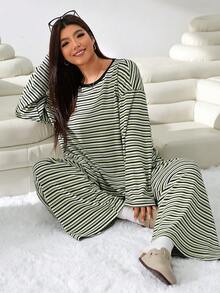 Solflare Plus Size Women's Striped Drop Shoulder Long Sleeve T-Shirt And Wide Leg Pants Casual 2-Piece Set - Multicolor - View 5
