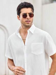 Mercer Haus Men's 2-Piece Linen Casual Short Sleeve Button-Down Shirt And Shorts Summer Beach Set - Perfect Father's Day Gift For Dad, Husband, Him - White - View 8