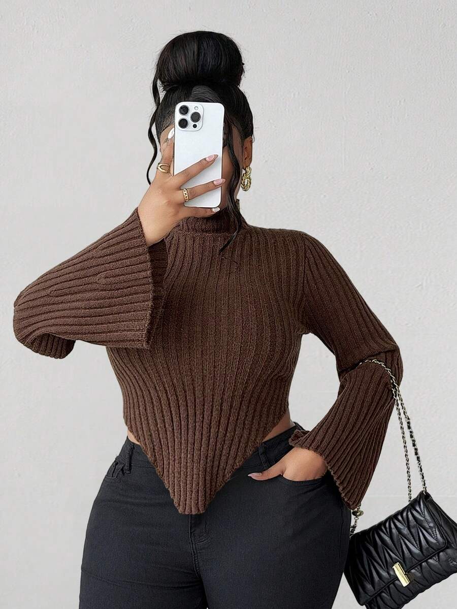 Maweii Sweater Pullover Wanita Ukuran Plus dengan Lengan Lonceng Bertekstur dan Bergaris, Potongan Pas Badan, dan Hem Melengkung