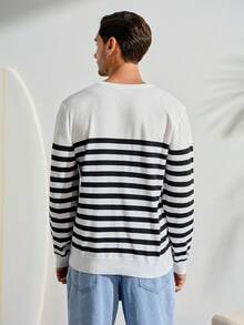 Men Striped Pattern Graphic Color Block Pullover Casual Long Sleeve Sweater, For Going Out, Friends, Fall Winter - Black and White - View 3