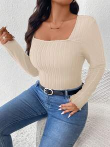SHEIN Frenchy Plus Size Casual Ribbed Crew Neck Fitted T-Shirt Fall - Beige - View 3