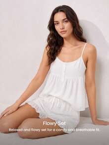 LUVLETTE Summer Sweet Elegant Airy White Polka Dot Pajama Set - Ruffled Camisole & Shorts Sheer Sophisticated Lounge Wear - White - View 8