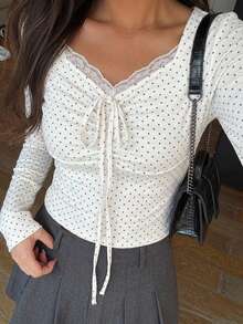 Dazy Tall Tall Women's Casual Polka Dot & Lace Patchwork Long Sleeve T-Shirt Spring - Black and White - View 3