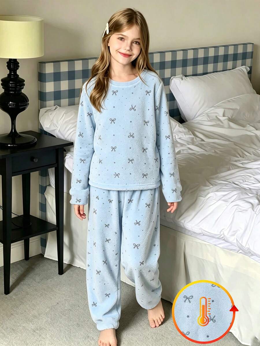 Girls 2pcs Set Round Neck Long Sleeve Long Pants Light Blue Fleece Bow Polka Dot Pattern Simple Cute Casual Soft Sweet Indoor Pajamas Autumn Home - Baby Blue - View 1