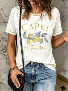 Trelyra Kaos Wanita Kasual Motif Lemon dengan Huruf dan Trim Kontras, Kerah Bulat, Musim Panas - Putih - View 1