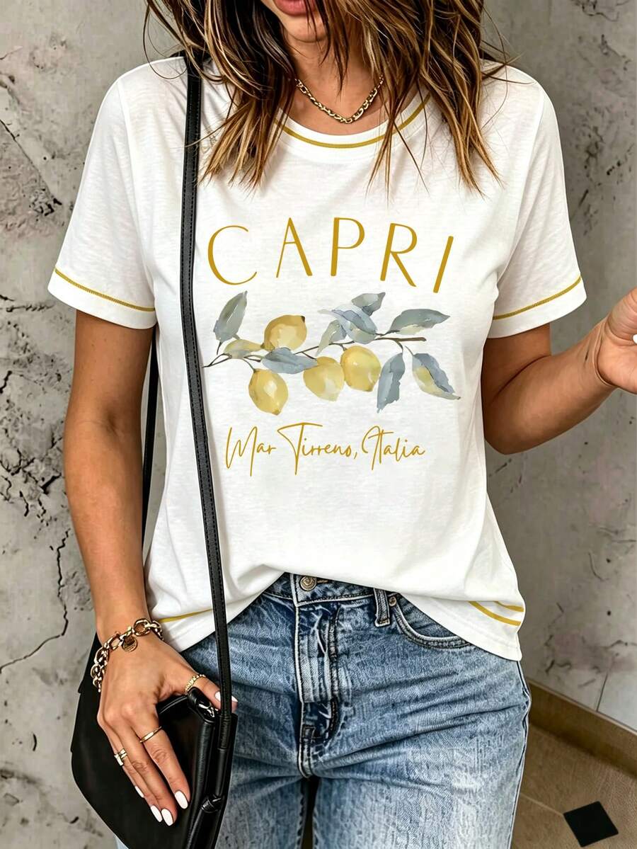 Trelyra Kaos Wanita Kasual Motif Lemon dengan Huruf dan Trim Kontras, Kerah Bulat, Musim Panas - Putih - View 1