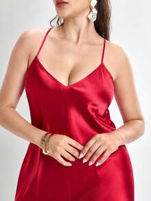 Slumbrini Red Sexy Satin Backless Halter Neck Plus Size Nightgown Red - Red - View 8
